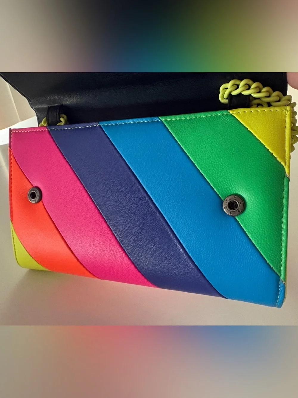 NWT Kurt Geiger London Brixton Chain Wallet Crossbody Bag – Neon Rainbow Stripe